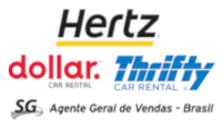 Logo da SG rentals em preto na parte inferior e acima as logos da Hertz em preto, Dollar em vermelho e Thrifty em azul