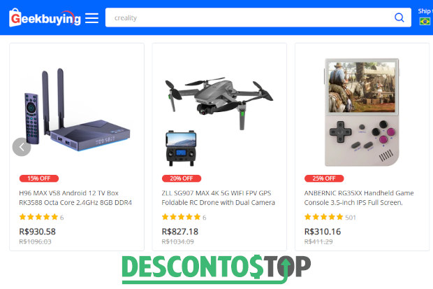 Captura de tela demonstrativa do site Geekbuying, mostrando alguns produtos em promoção