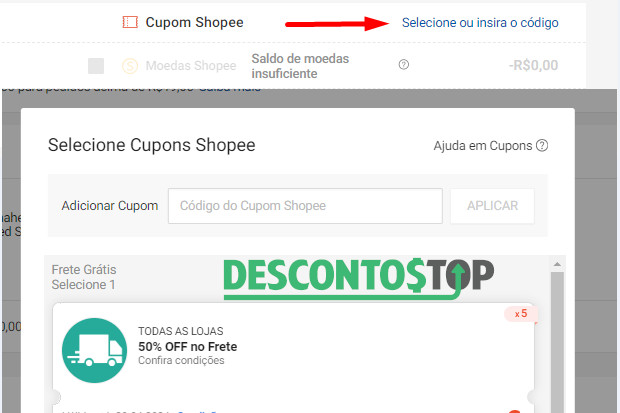 Captura de tela do site Shopee Demonstrando o passo 6 do nosso "passo a passo". Nele vemos onde encontrar a opção para adicionar ou selecionar um cupom de desconto.