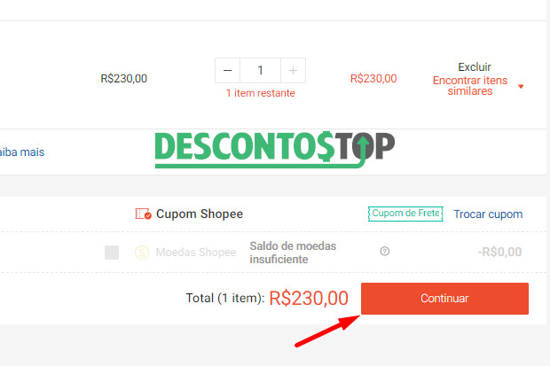 Captura de tela do site Shopee Demonstrando o passo 7 do nosso "passo a passo". Nele mostramos onde continuar com seu pedido para ir para a página de pagamento, através do botão "continuar".