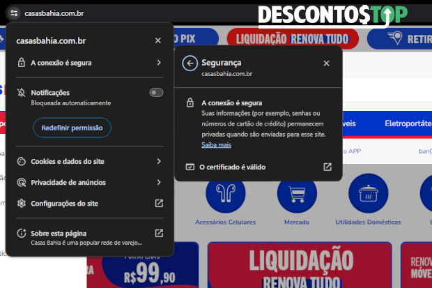 Captura de tela do site Casas Bahia, demonstrando o certificado SSL.
