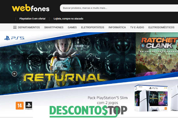 Captura de tela demonstrativa do site WebFones, mostrando alguns produtos destaque no banner inicial