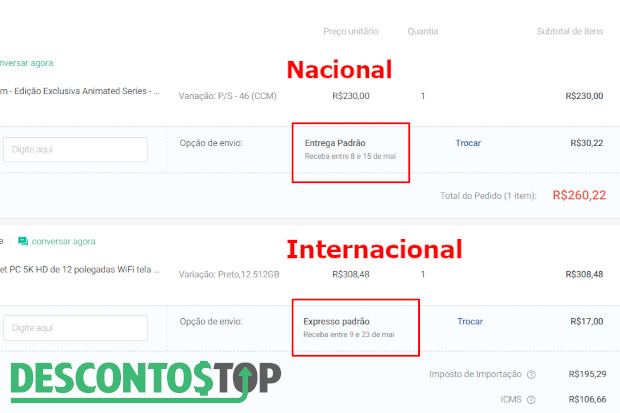 Captura de tela da página de pagamento de pedido da Shopee, mostrando a diferença de data de entrega de produtos Nacionais e Internacionais