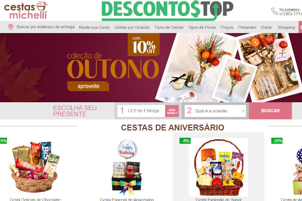 Captura de tela demonstrativa do site Cestas Michelli, mostrando um conjunto de produtos 