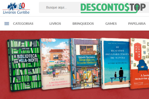Captura de tela demonstrativa do site Livrarias Curitiba, mostrando alguns produtos em um banner