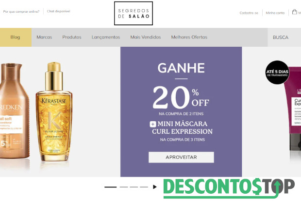 Captura de tela demonstrativa do site Segredos de Salão, mostrando um conjunto de produtos em promoção