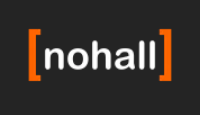Logotipo da loja Nohall com fundo na cor preta e nome da loja em branco entre dois parênteses na cor laranja.