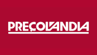 Logotipo da loja Preçolandia com letras na cor branco sobre um fundo na cor vermelha.