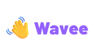 Logo da empresa Wavee com um emoji de uma mão acenando na cor amarela ao lado do nome da marca na cor violeta.