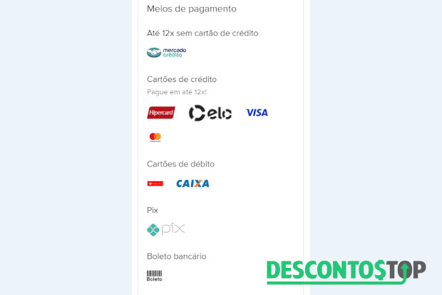 Captura de tela do site Mercado Livre demonstrando as formas de pagamento.