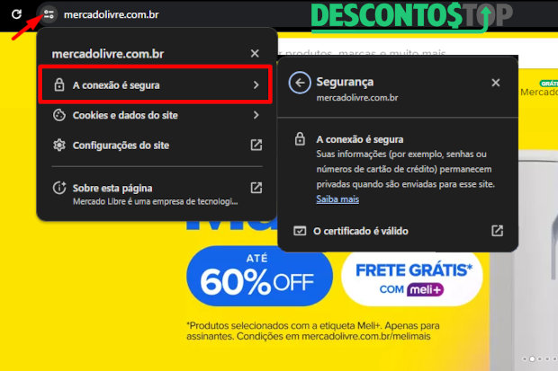 Captura de tela do site Mercado Livre, demonstrando o certificado SSL.
