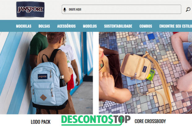 Captura de tela do site Jansport, mostrando o topo do site, onde fica as opções de categorias de produtos.