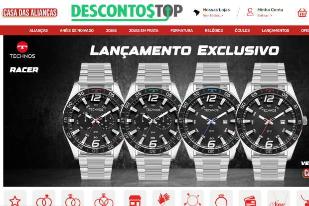 Captura de tela demonstrativa do site Casa das Alianças, mostrando o banner de lançamento de um novo relógio analógico da Technos.