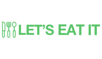 Logo da marca Let's Eat It com o nome da loja acompanhado da figura de talheres todos em verde sobre fundo branco.