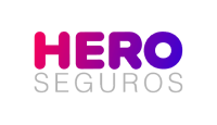 Logo Heros Seguros com as letras apresentando diferentes tons de rosa, roxo e cinza.